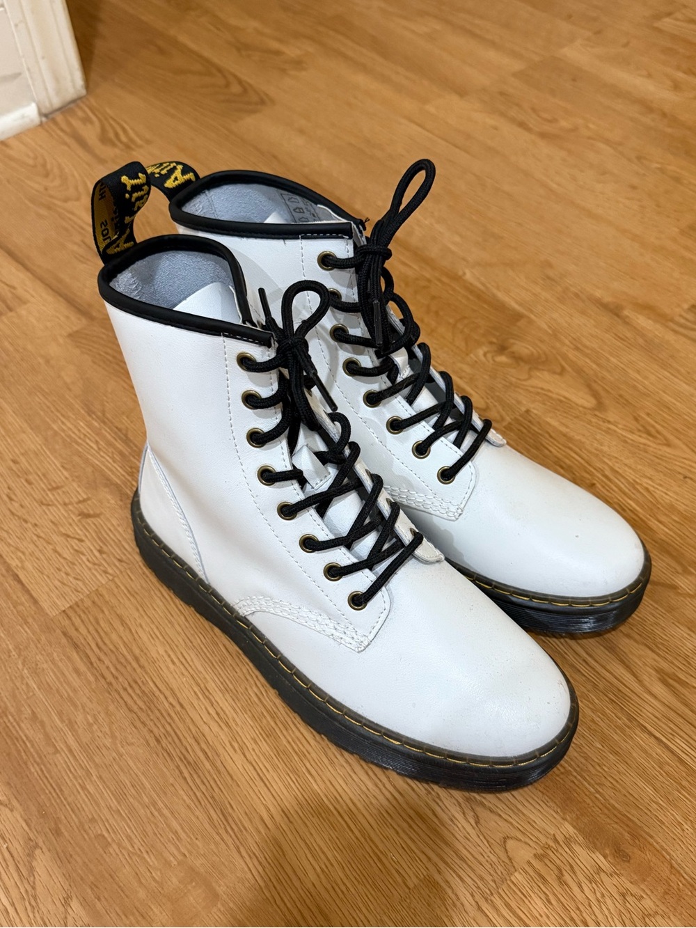 Dr. Martens White Leather Lace-Up Boots with Black Trim